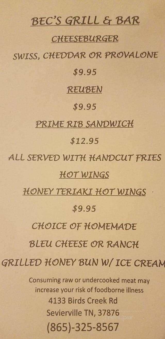 Bec's Grill & Bar - Sevierville, TN menu_pic