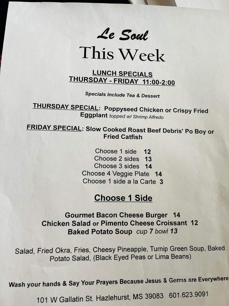Le Soul - Hazlehurst, MS menu_pic