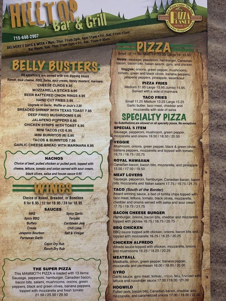 Hilltop Bar & Grill-Pizza Plnt - Woodville, WI menu_pic