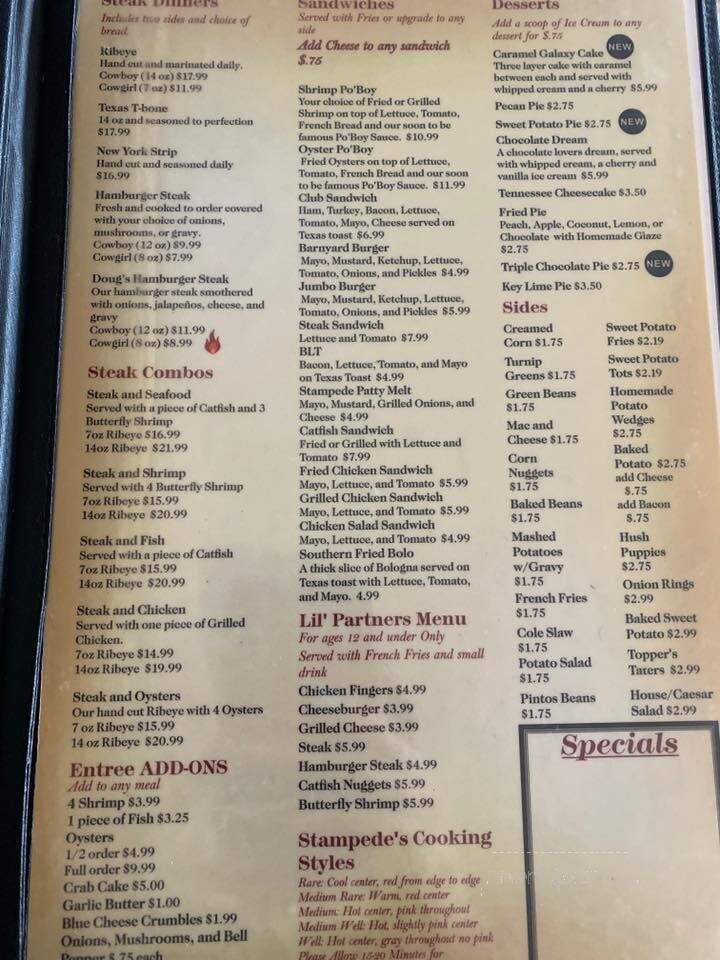 Stampede Steakhouse & Catfish Corral - Talladega, AL menu_pic