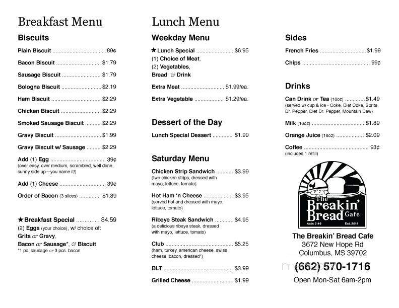 The Breakin' Bread Cafe - Columbus, MS menu_pic