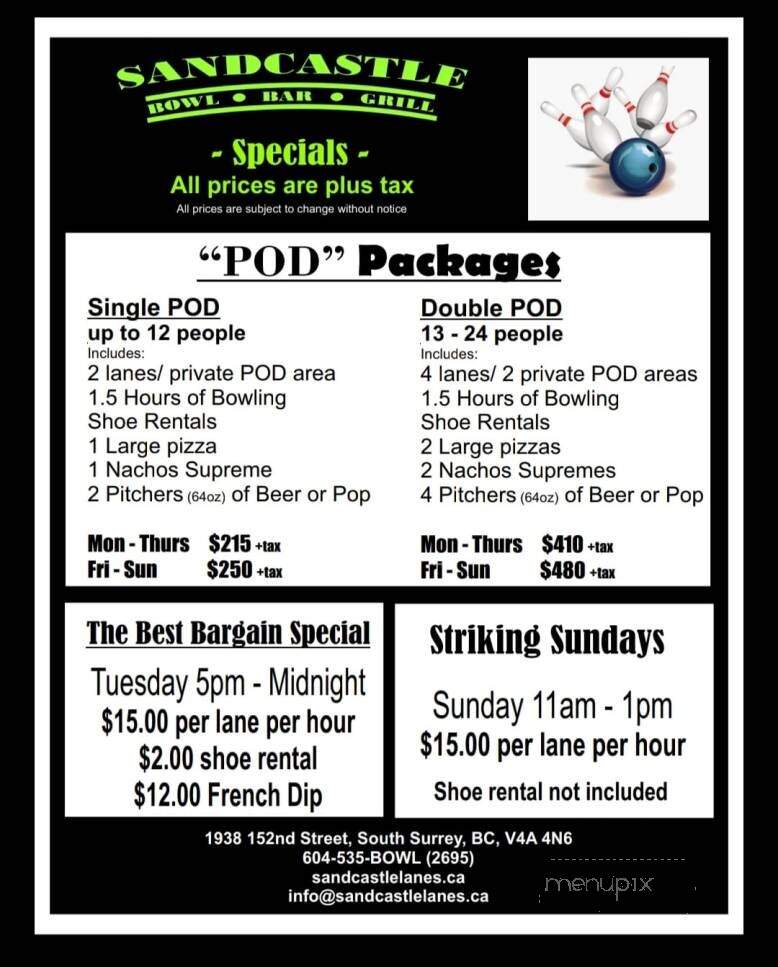 Sandcastle Bar & Grill - Surrey, BC menu_pic