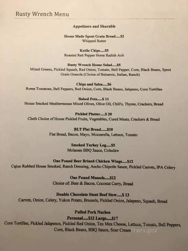 Rusty Wrench Brewing Company - Strathroy, ON menu_pic