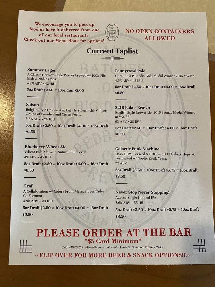 Redbeard Brewing Company - Staunton, VA menu_pic