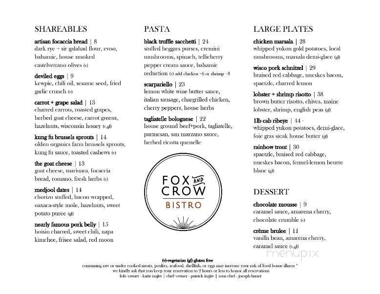 Fox and Crow Bistro - Ripon, WI menu_pic