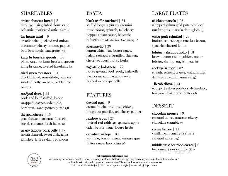 Fox and Crow Bistro - Ripon, WI menu_pic