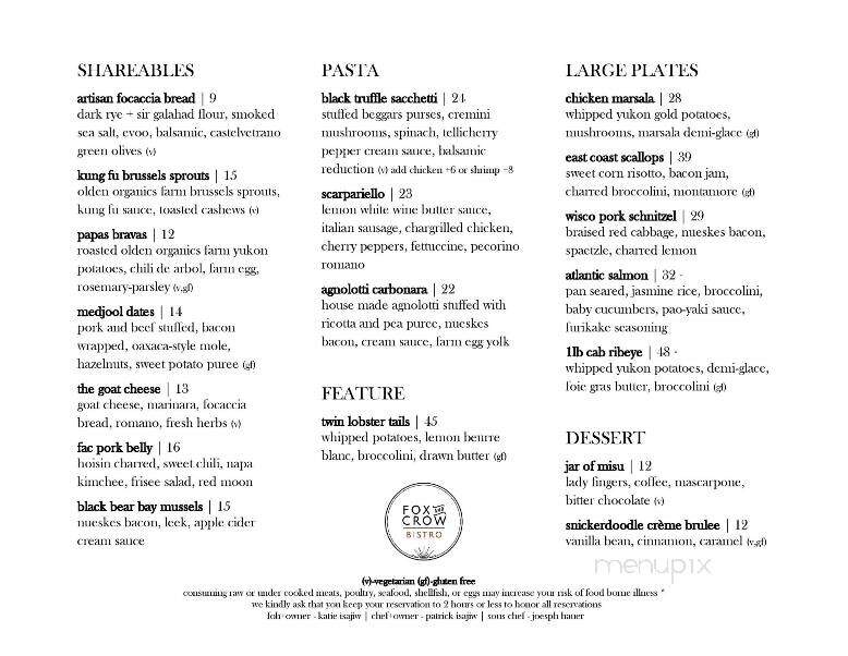 Fox and Crow Bistro - Ripon, WI menu_pic