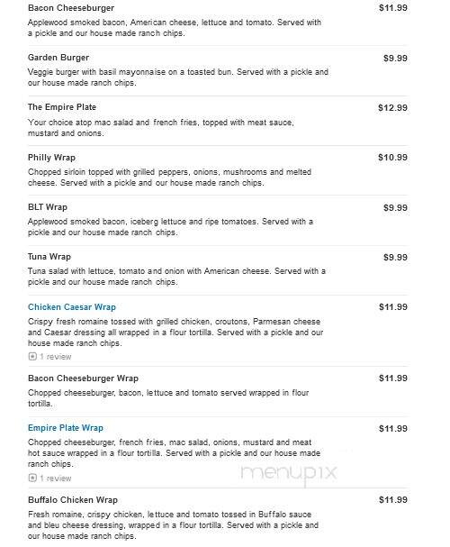 Empire Bar and Grill - Webster, NY menu_pic