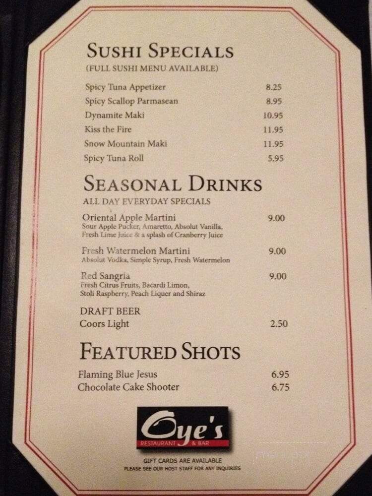 Oye's Restaurant & Bar - Reading, MA menu_pic