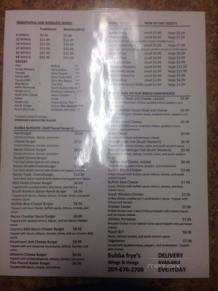 Bubba Frye's - North Berwick, ME menu_pic