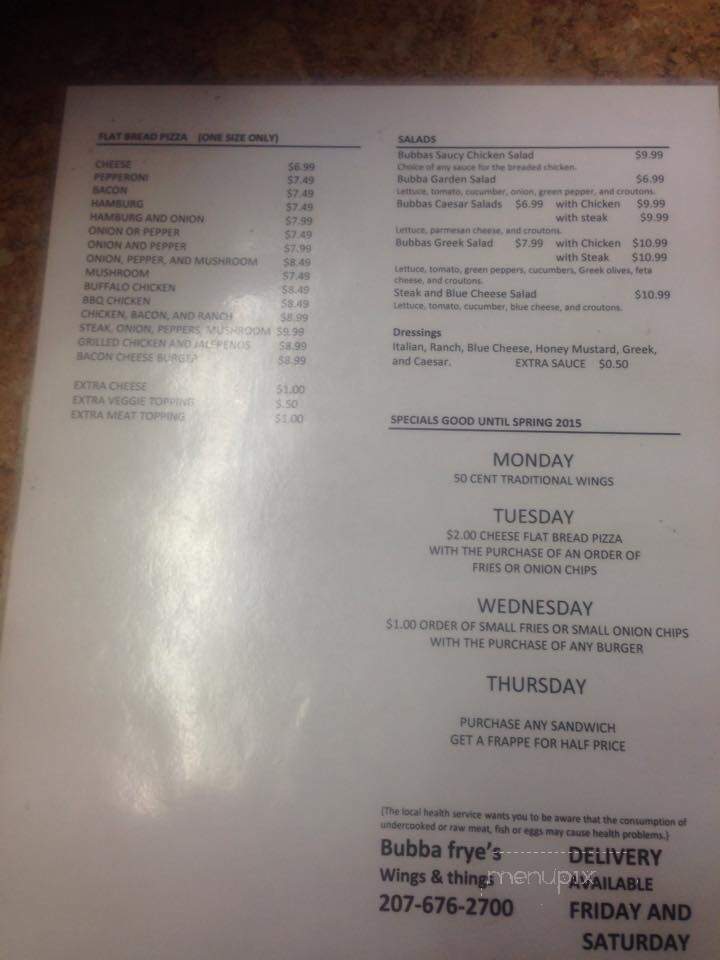 Bubba Frye's - North Berwick, ME menu_pic