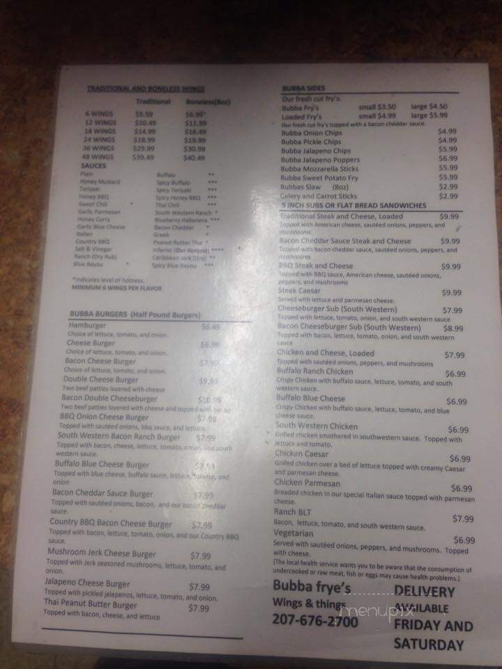 Bubba Frye's - North Berwick, ME menu_pic