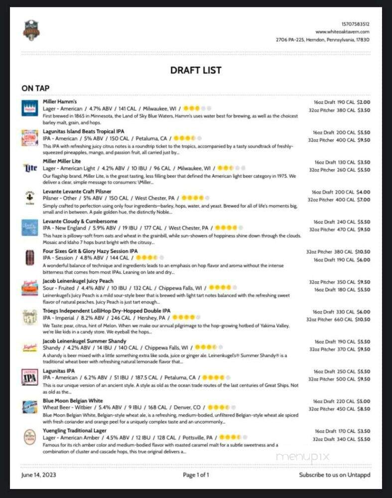 White Oak Tavern - Herndon, PA menu_pic