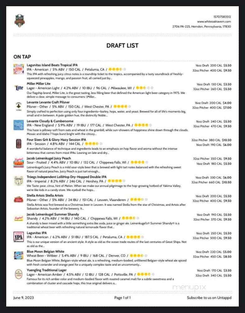 White Oak Tavern - Herndon, PA menu_pic