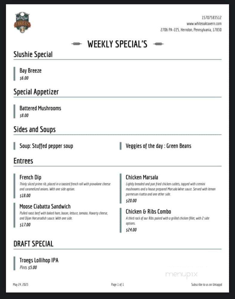 White Oak Tavern - Herndon, PA menu_pic