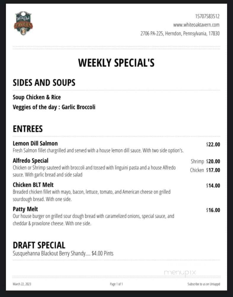 White Oak Tavern - Herndon, PA menu_pic