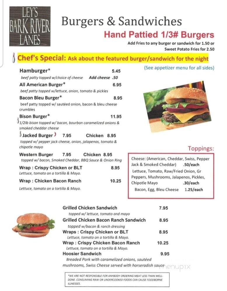Pease's Bark River Lanes - Sullivan, WI menu_pic