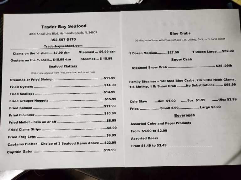 Trader Bay Seafood - Hernando Beach, FL menu_pic