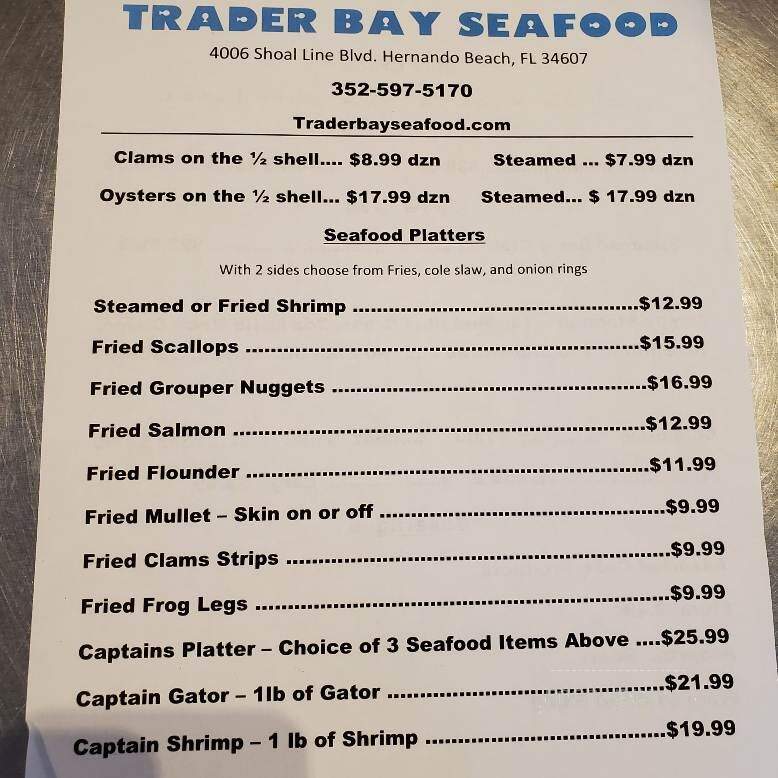 Trader Bay Seafood - Hernando Beach, FL menu_pic