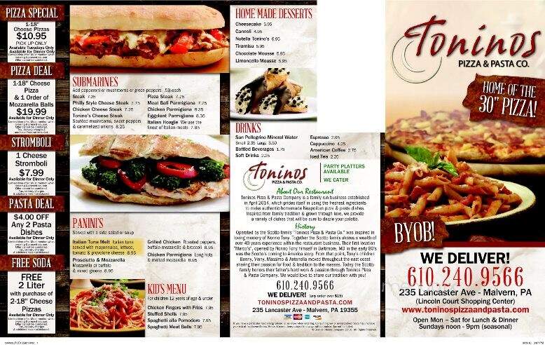 Toninos Pizza and Pasta Co. - Frazer, PA menu_pic