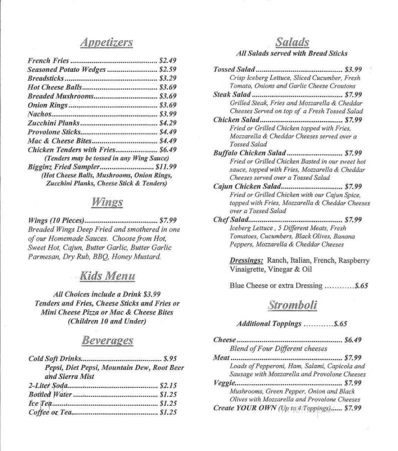 Bigginz - New Florence, PA menu_pic