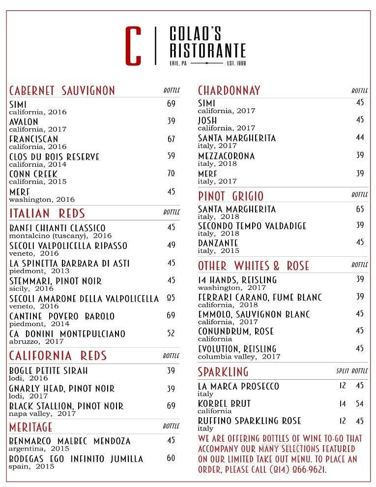 Colao's Ristorante - Erie, PA menu_pic