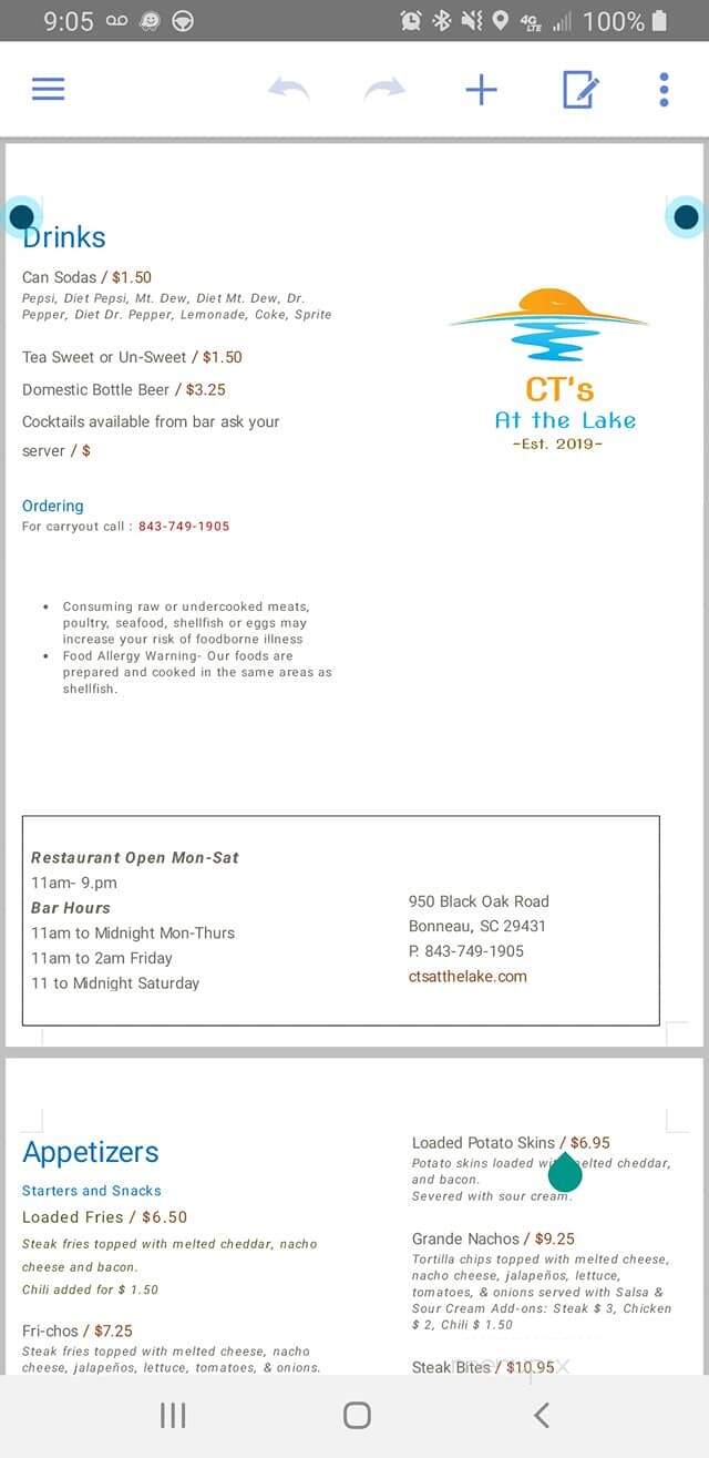 CT's at the Lake - Bonneau, SC menu_pic