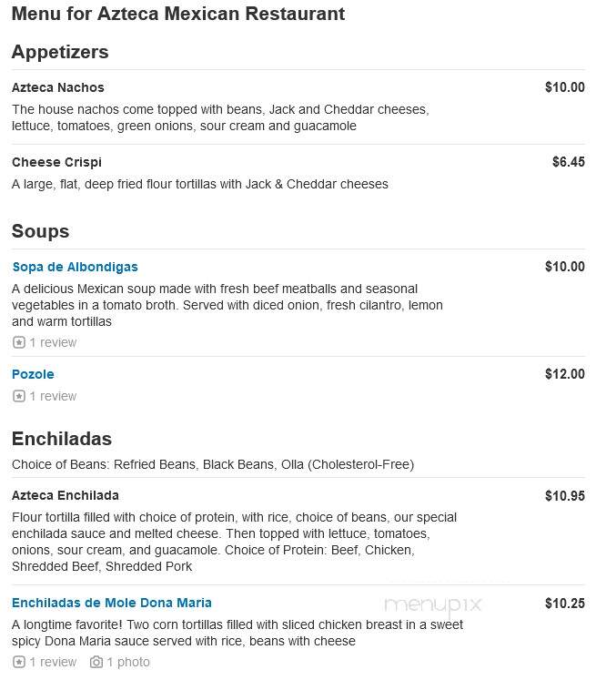 Azteca Mexican Restaurant - Fraser, CO menu_pic
