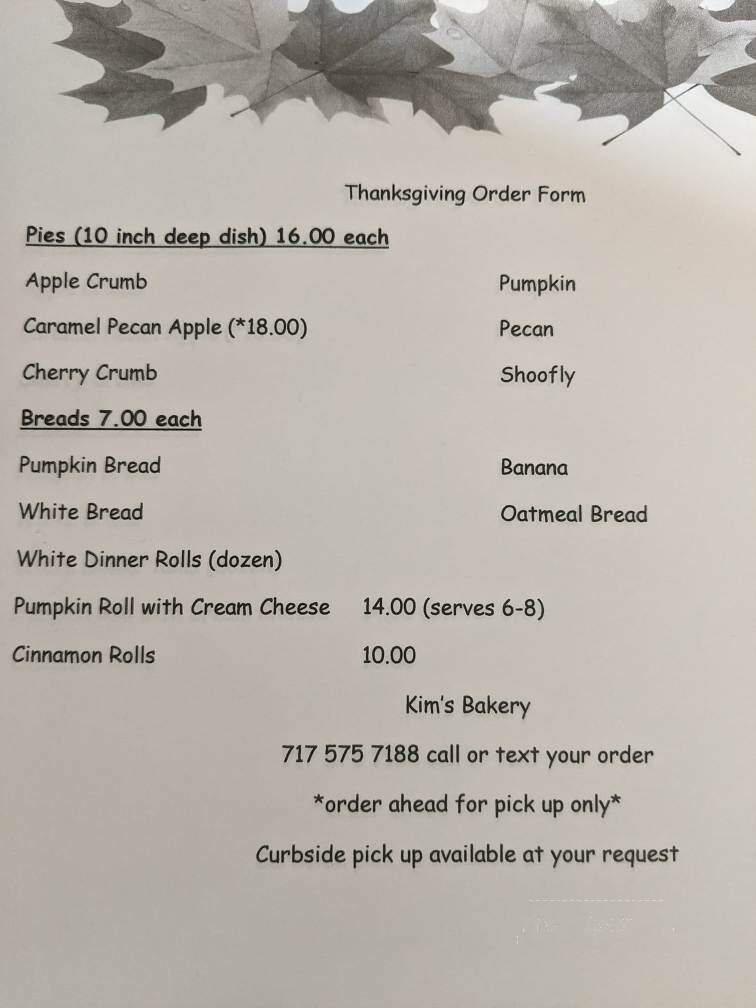 Kim's Bakery - Mohnton, PA menu_pic