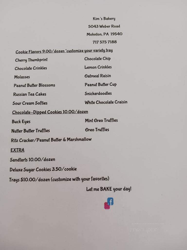 Kim's Bakery - Mohnton, PA menu_pic