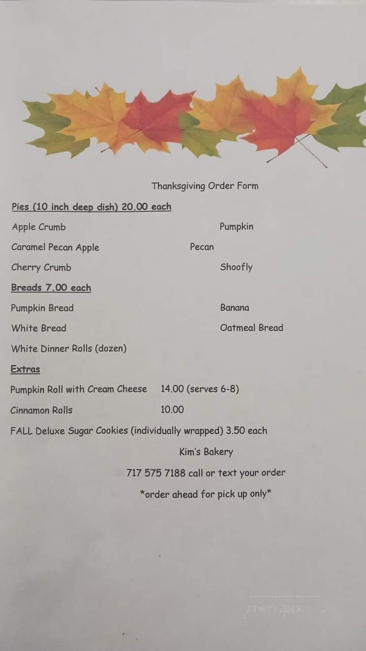 Kim's Bakery - Mohnton, PA menu_pic