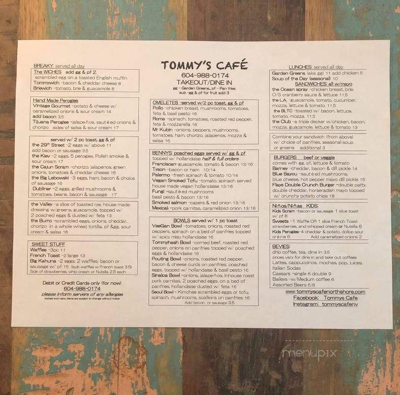 Tommy's Cafe - North Vancouver District, BC menu_pic