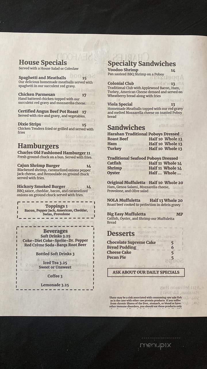 Charles Seafood - Harahan, LA menu_pic