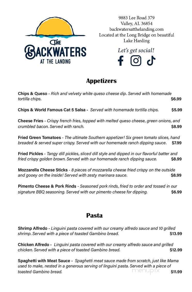 The Backwaters At the Landing - Valley, AL menu_pic
