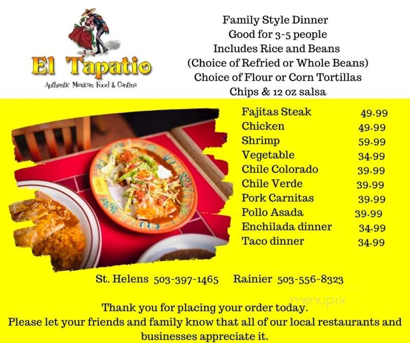 El Tapatio Mexican Restaurant - Saint Helens, OR menu_pic