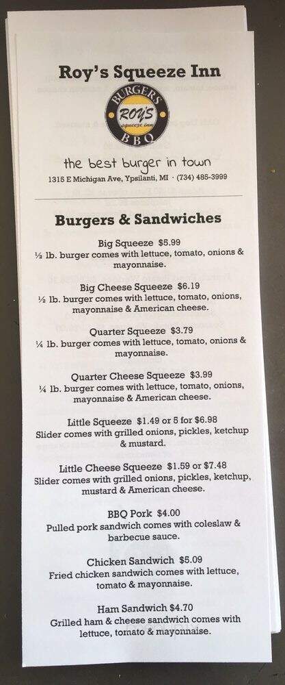 Roy's Squeeze Inn - Ypsilanti, MI menu_pic