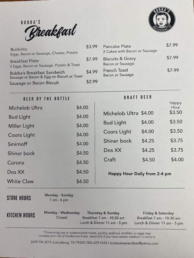 Bubba's - Justiceburg, TX menu_pic