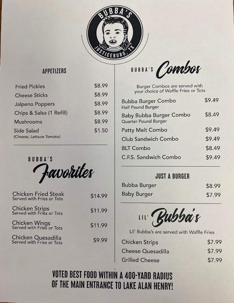 Bubba's - Justiceburg, TX menu_pic