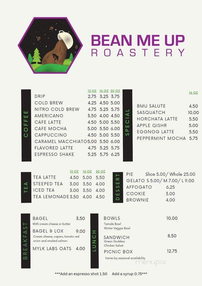 Bean Me Up Roastery - Munster, IN menu_pic