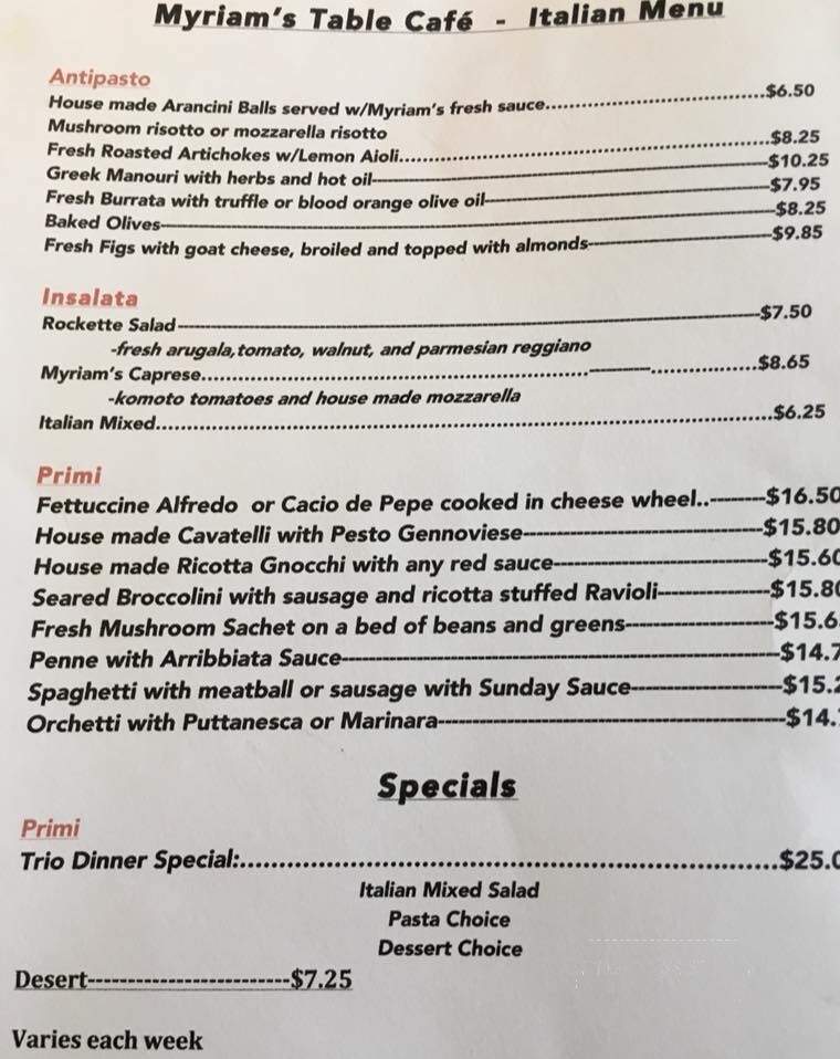 Myriam's Table Cafe - Ligonier, PA menu_pic