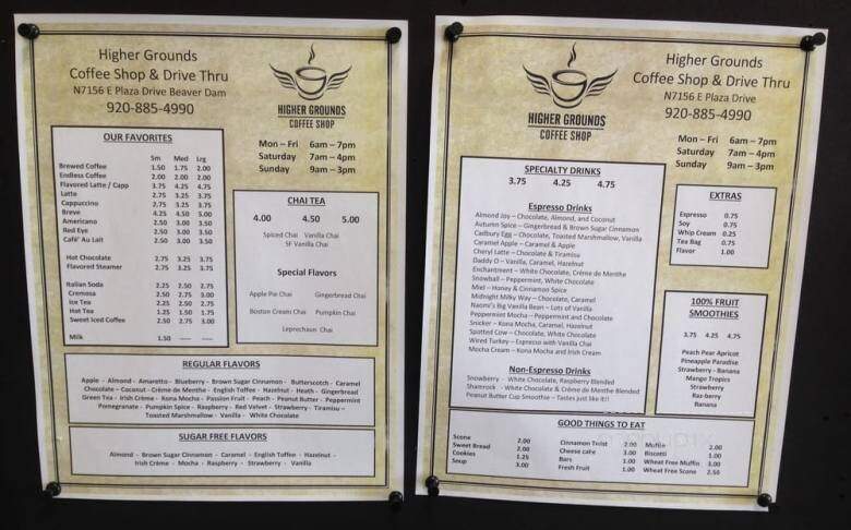 Higher Grounds Coffee Shop - Beaver Dam, WI menu_pic