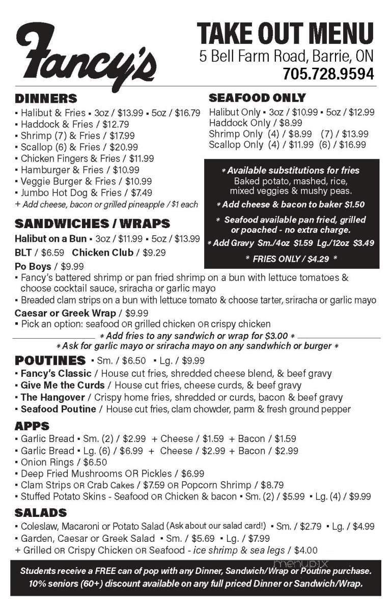 Fancy's Fish & Chips & Seafood Restaurant - Barrie, ON menu_pic