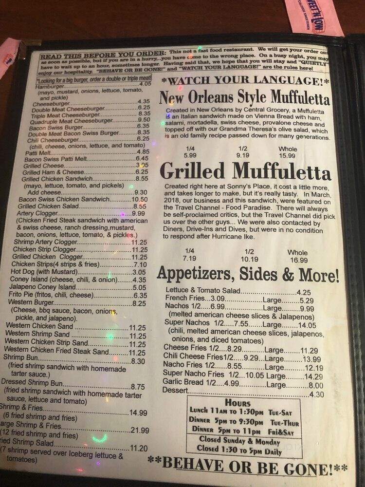 Sonny's Place - Galveston, TX menu_pic
