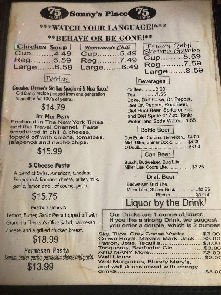 Sonny's Place - Galveston, TX menu_pic