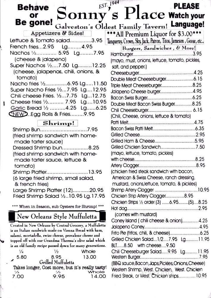 Sonny's Place - Galveston, TX menu_pic
