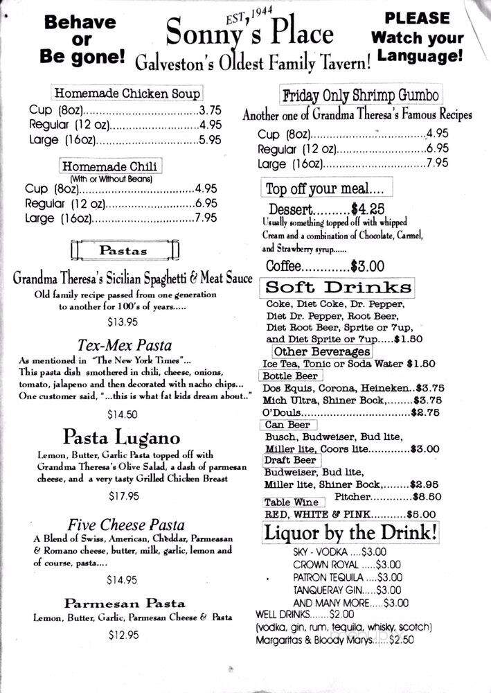 Sonny's Place - Galveston, TX menu_pic