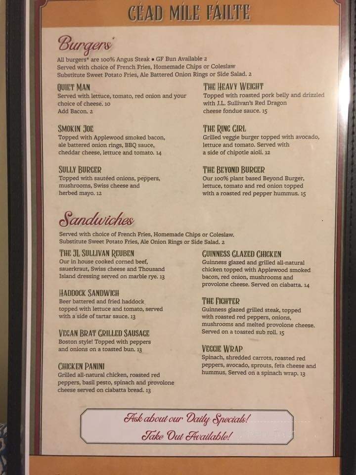 JL Sullivans Irish Pub and Restaurant - Thornton, NH menu_pic