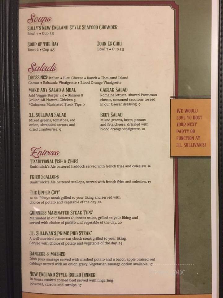 JL Sullivans Irish Pub and Restaurant - Thornton, NH menu_pic