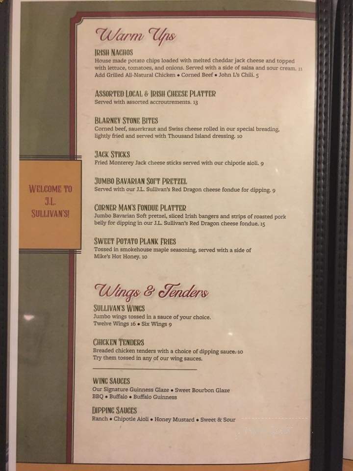 JL Sullivans Irish Pub and Restaurant - Thornton, NH menu_pic