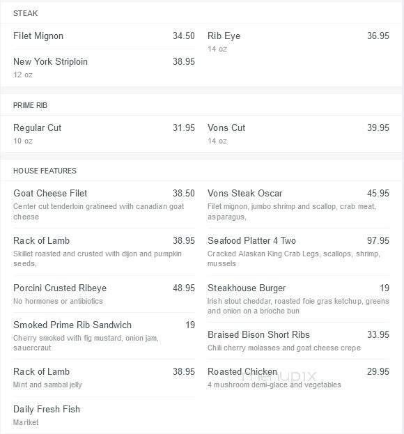 Von's Steakhouse & Oyster Bar - Edmonton, AB menu_pic